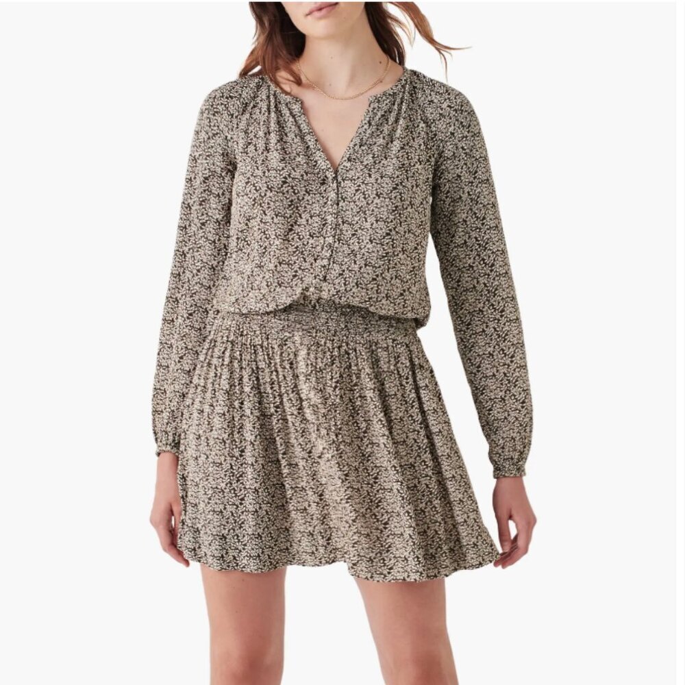 Faherty Dress Blouson Smocked Montara Leaf Batik Long Sleeve Mini New Large